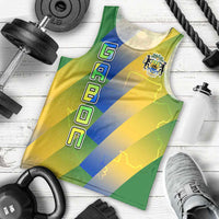 Gabon Flag Colors Men Tank Top with National Coat of Arms and Vertical Text Design