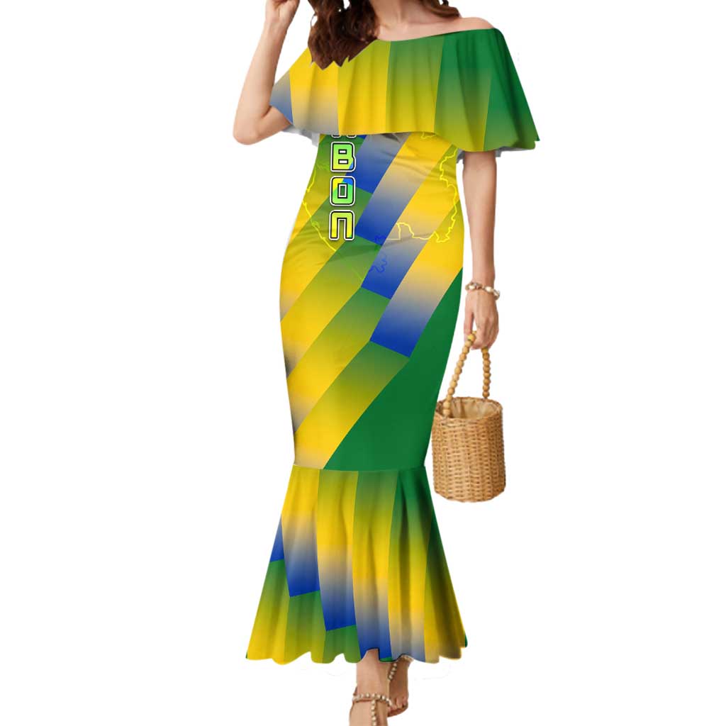 Gabon Flag Colors Mermaid Dress with National Coat of Arms and Vertical Text Design