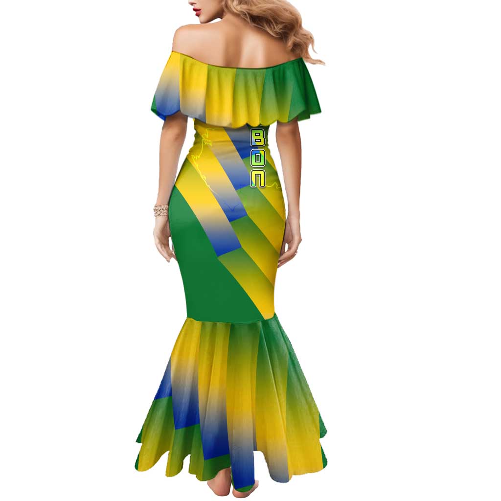 Gabon Flag Colors Mermaid Dress with National Coat of Arms and Vertical Text Design