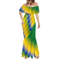 Gabon Flag Colors Mermaid Dress with National Coat of Arms and Vertical Text Design