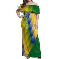 Gabon Flag Colors Off Shoulder Maxi Dress with National Coat of Arms and Vertical Text Design