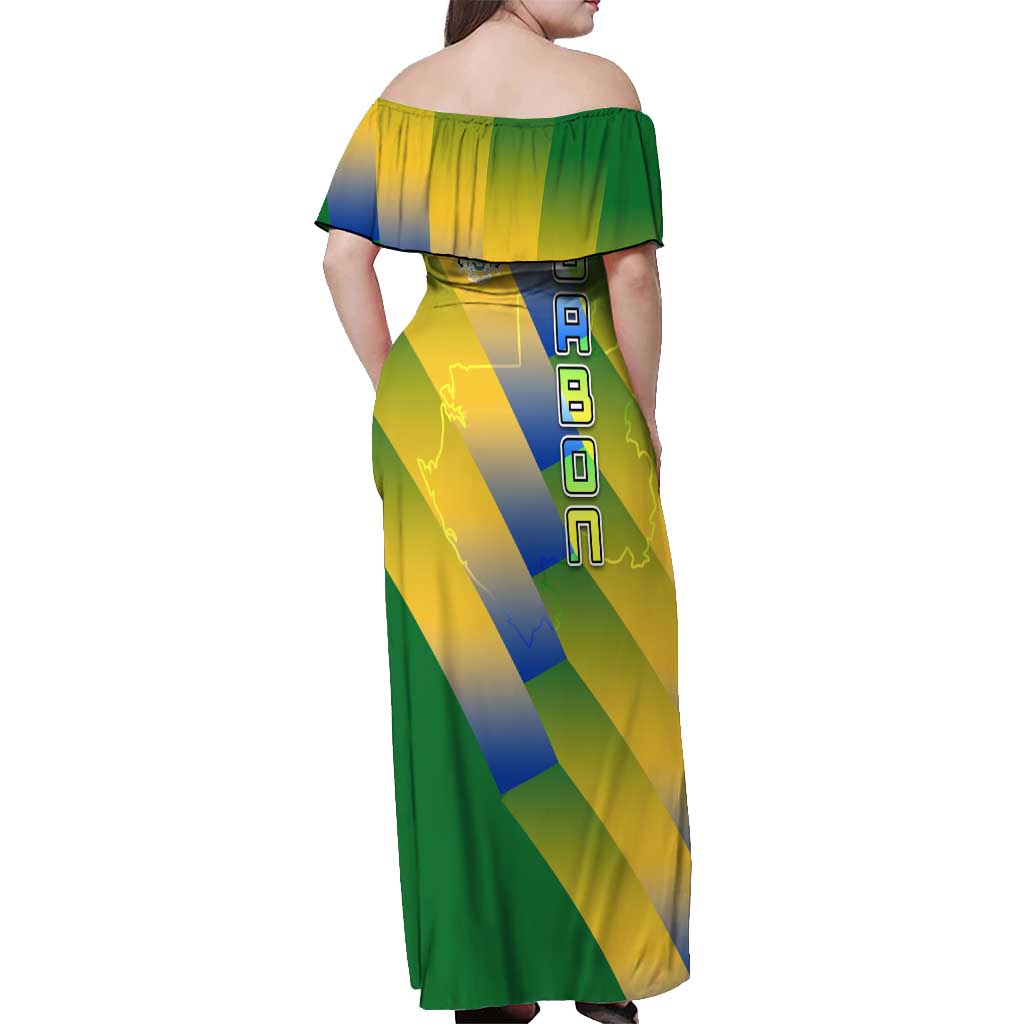 Gabon Flag Colors Off Shoulder Maxi Dress with National Coat of Arms and Vertical Text Design