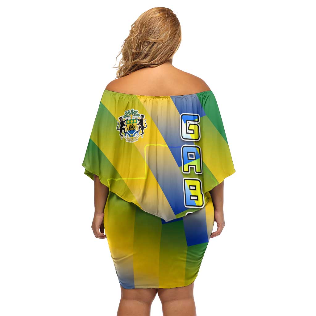 Gabon Flag Colors Off Shoulder Short Dress with National Coat of Arms and Vertical Text Design