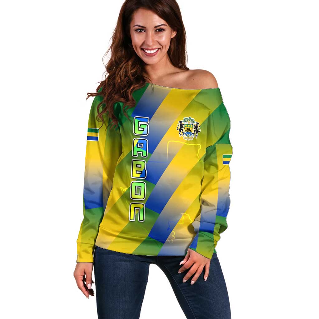 Gabon Flag Colors Off Shoulder Sweater with National Coat of Arms and Vertical Text Design