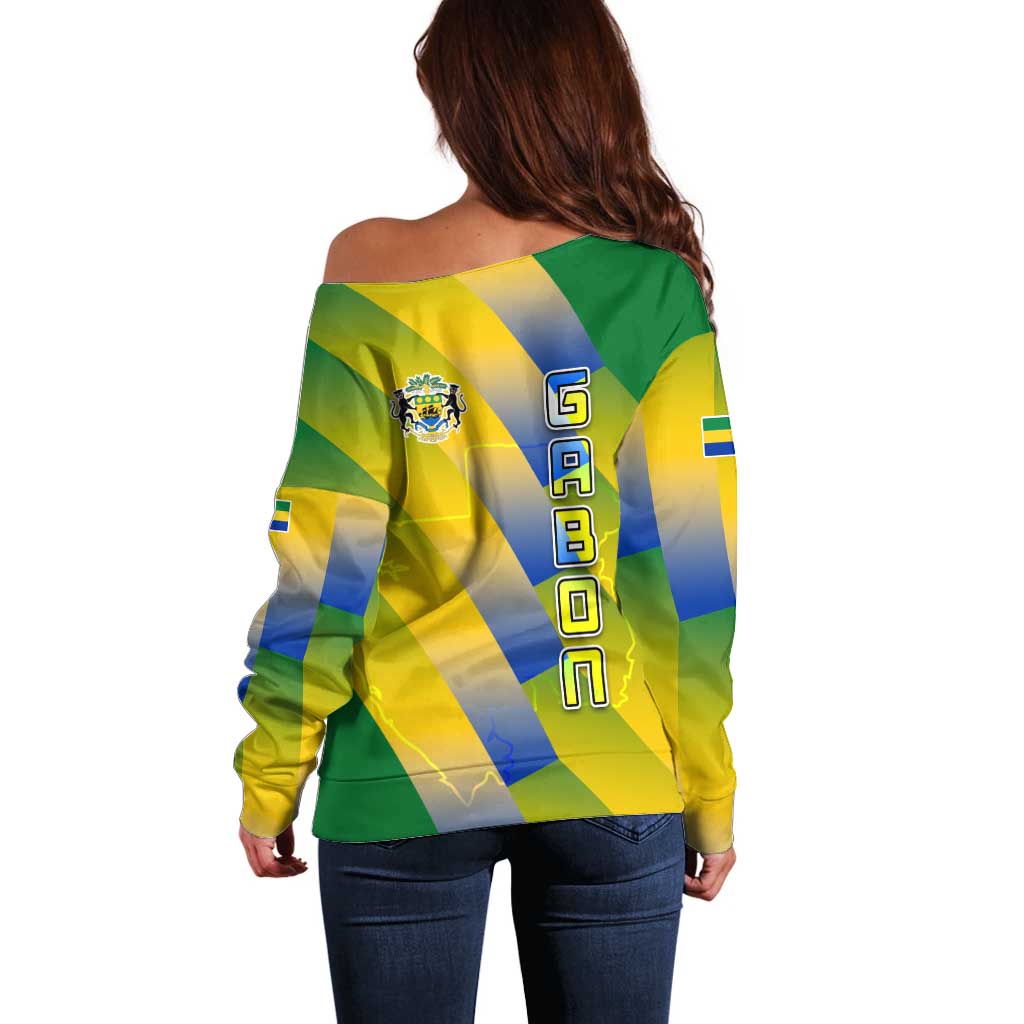 Gabon Flag Colors Off Shoulder Sweater with National Coat of Arms and Vertical Text Design