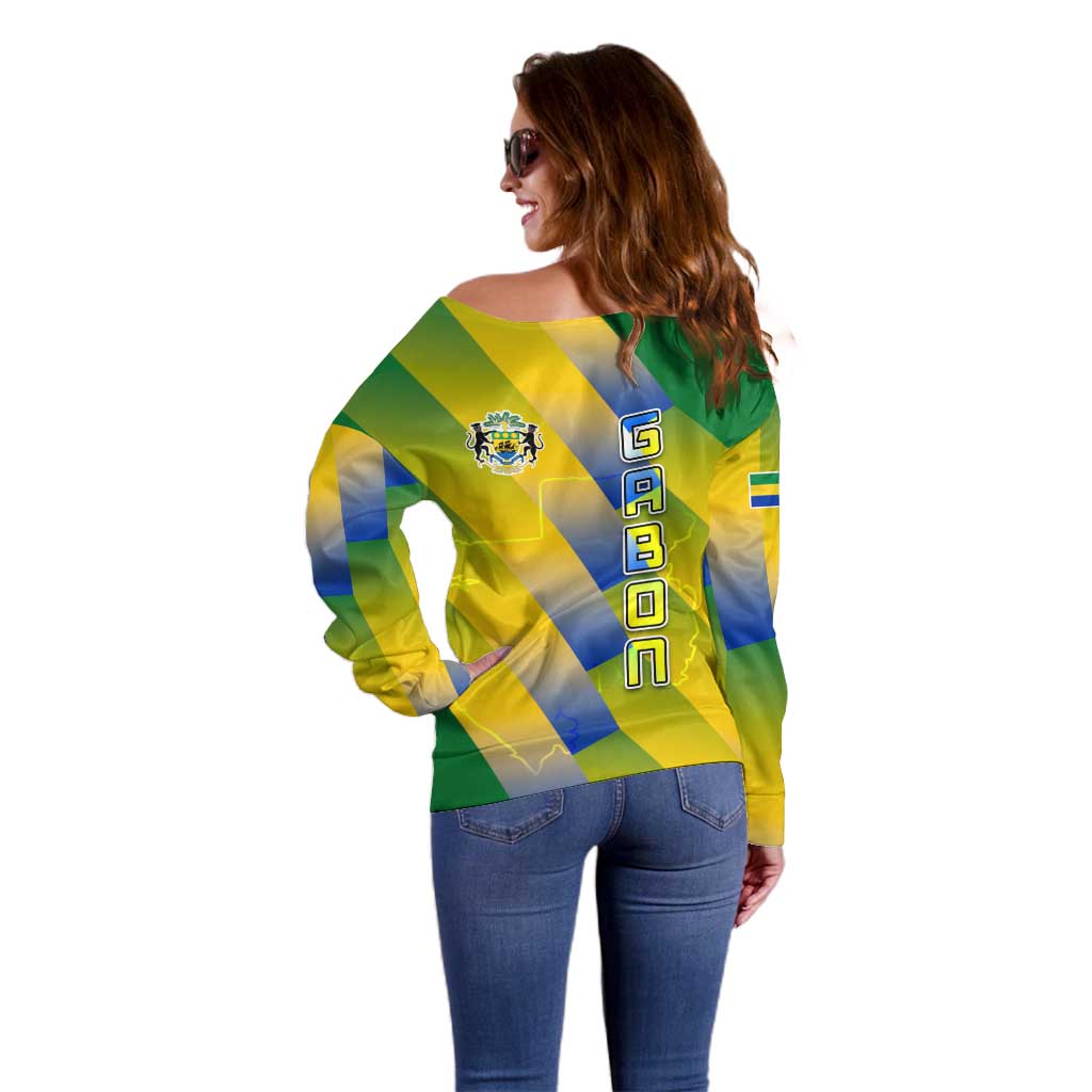 Gabon Flag Colors Off Shoulder Sweater with National Coat of Arms and Vertical Text Design