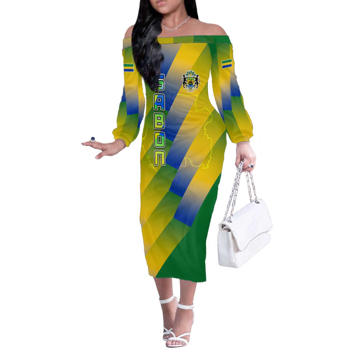 Gabon Flag Colors Off The Shoulder Long Sleeve Dress with National Coat of Arms and Vertical Text Design