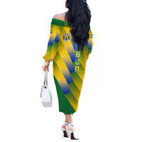 Gabon Flag Colors Off The Shoulder Long Sleeve Dress with National Coat of Arms and Vertical Text Design
