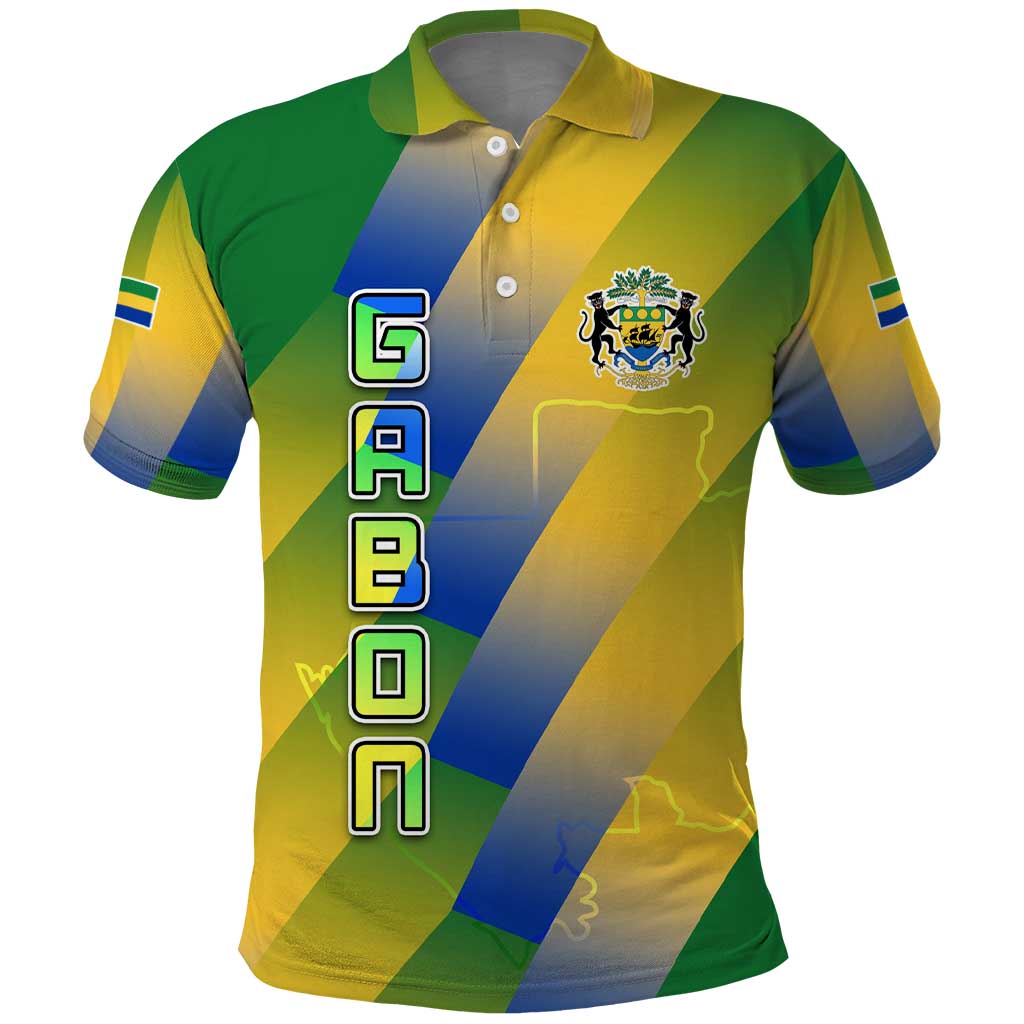 Gabon Flag Colors Polo Shirt with National Coat of Arms and Vertical Text Design