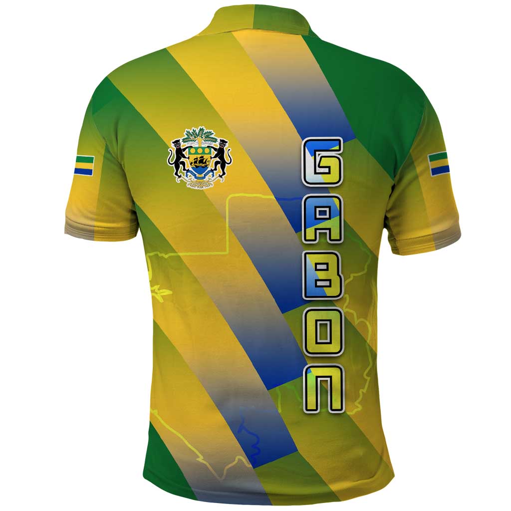Gabon Flag Colors Polo Shirt with National Coat of Arms and Vertical Text Design