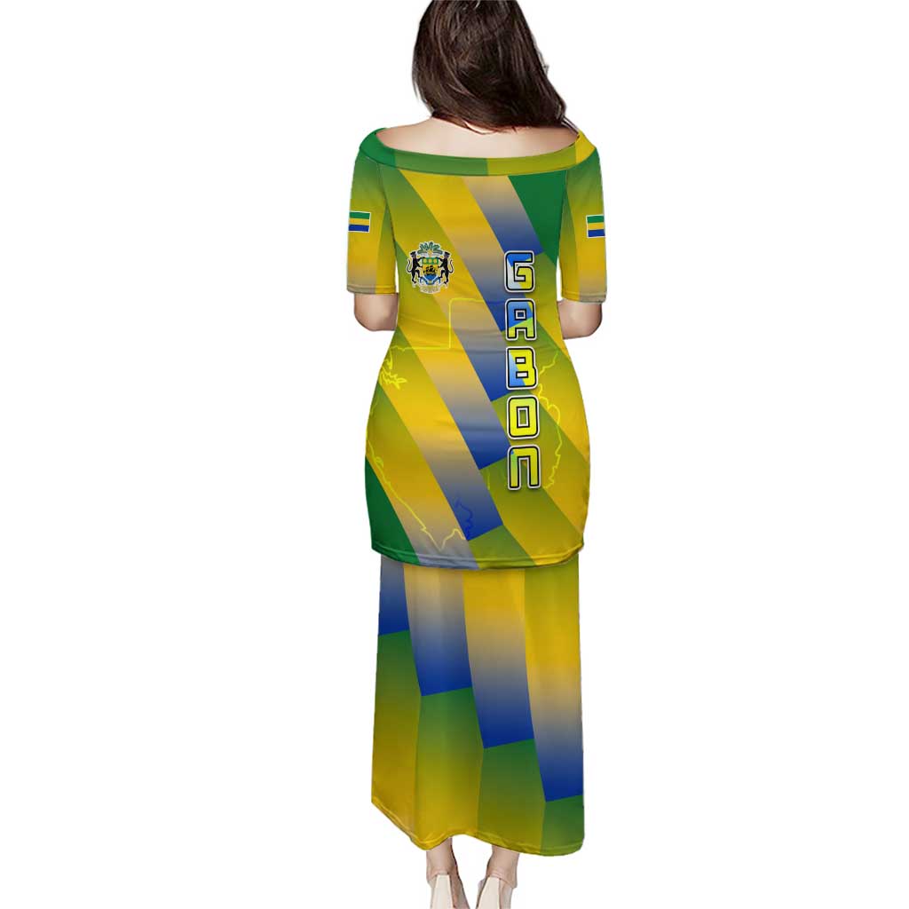 Gabon Flag Colors Puletasi with National Coat of Arms and Vertical Text Design