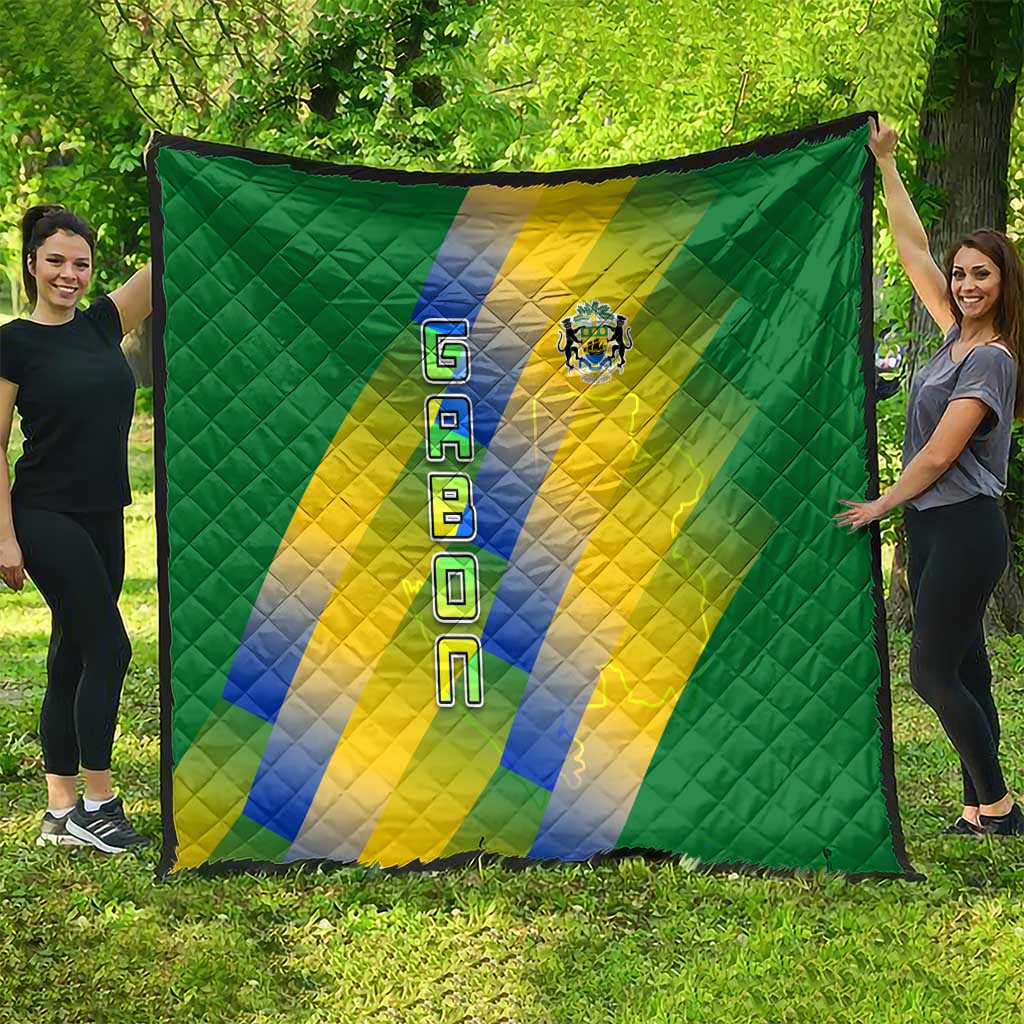 Gabon Flag Colors Quilt with National Coat of Arms and Vertical Text Design