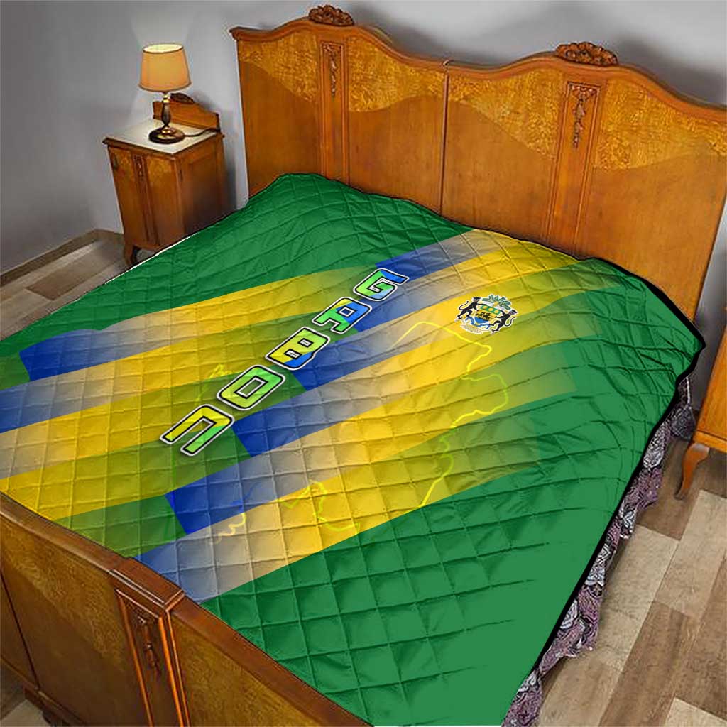 Gabon Flag Colors Quilt with National Coat of Arms and Vertical Text Design
