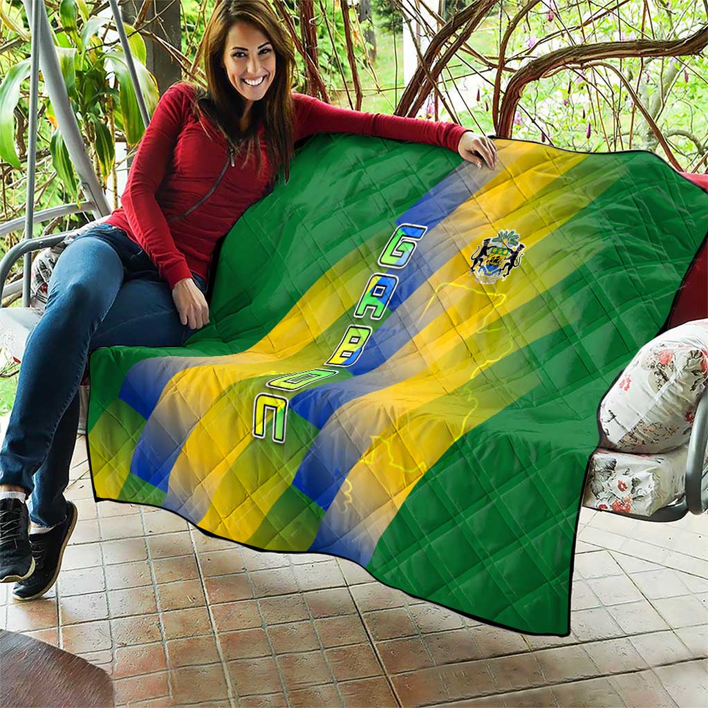 Gabon Flag Colors Quilt with National Coat of Arms and Vertical Text Design