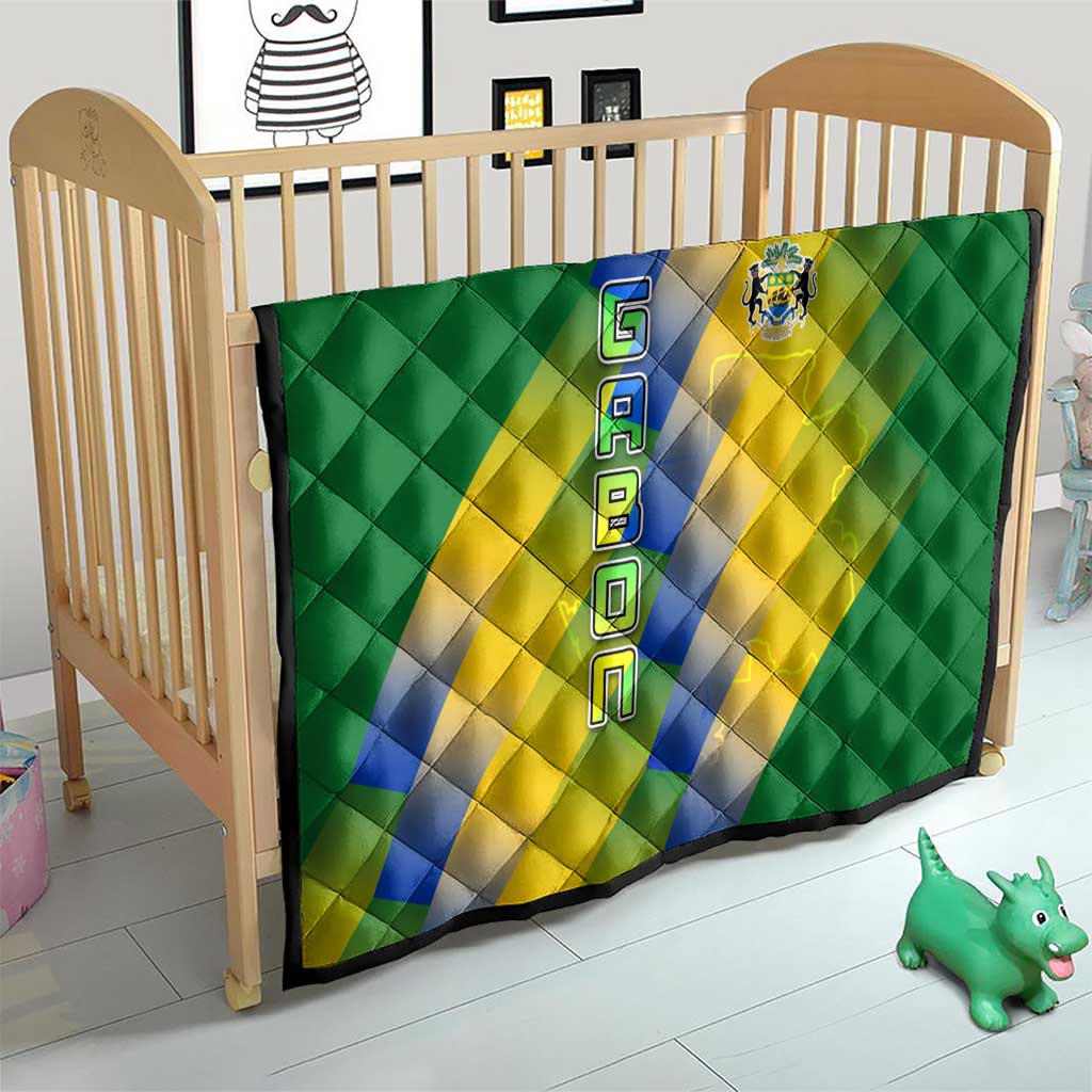 Gabon Flag Colors Quilt with National Coat of Arms and Vertical Text Design