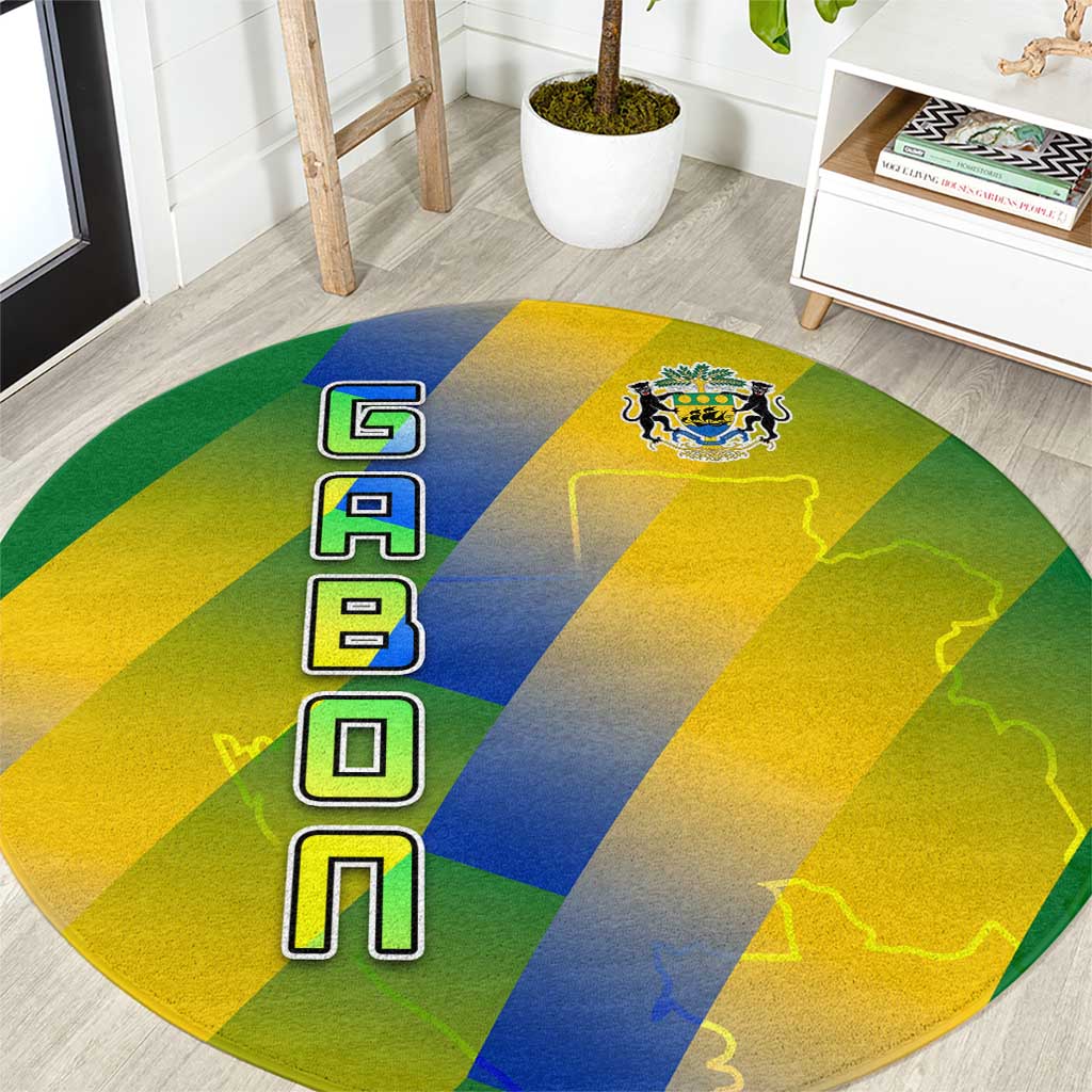 Gabon Flag Colors Round Carpet with National Coat of Arms and Vertical Text Design