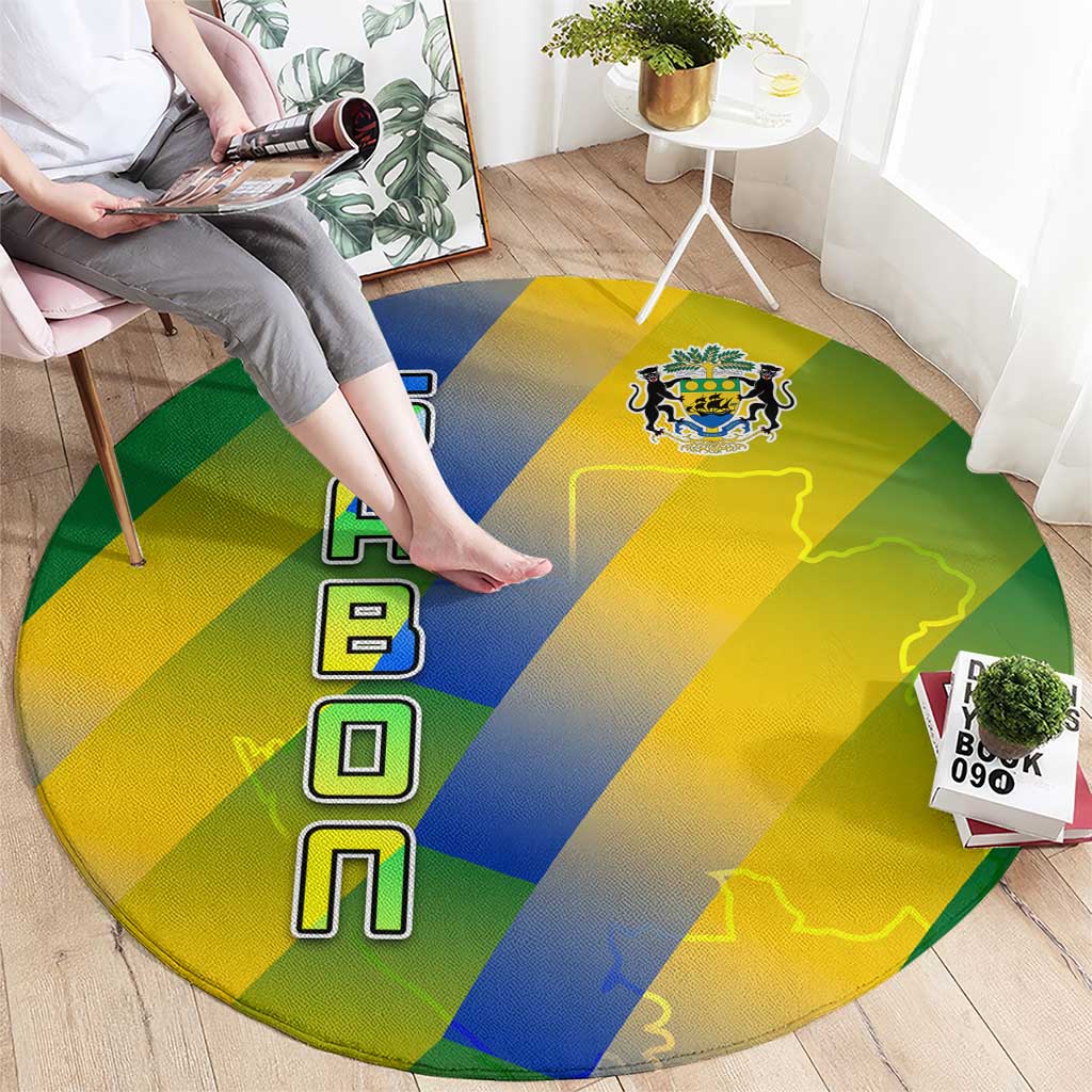 Gabon Flag Colors Round Carpet with National Coat of Arms and Vertical Text Design