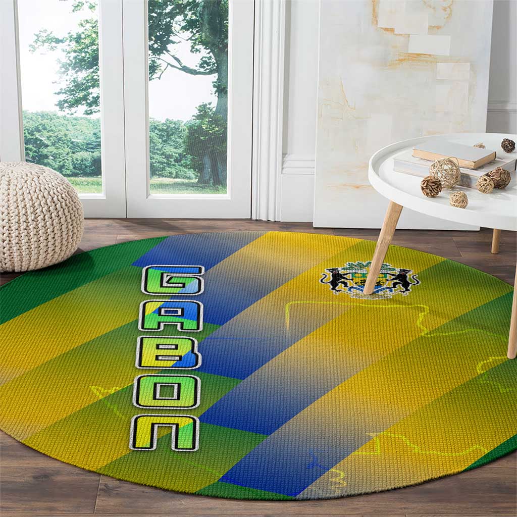 Gabon Flag Colors Round Carpet with National Coat of Arms and Vertical Text Design