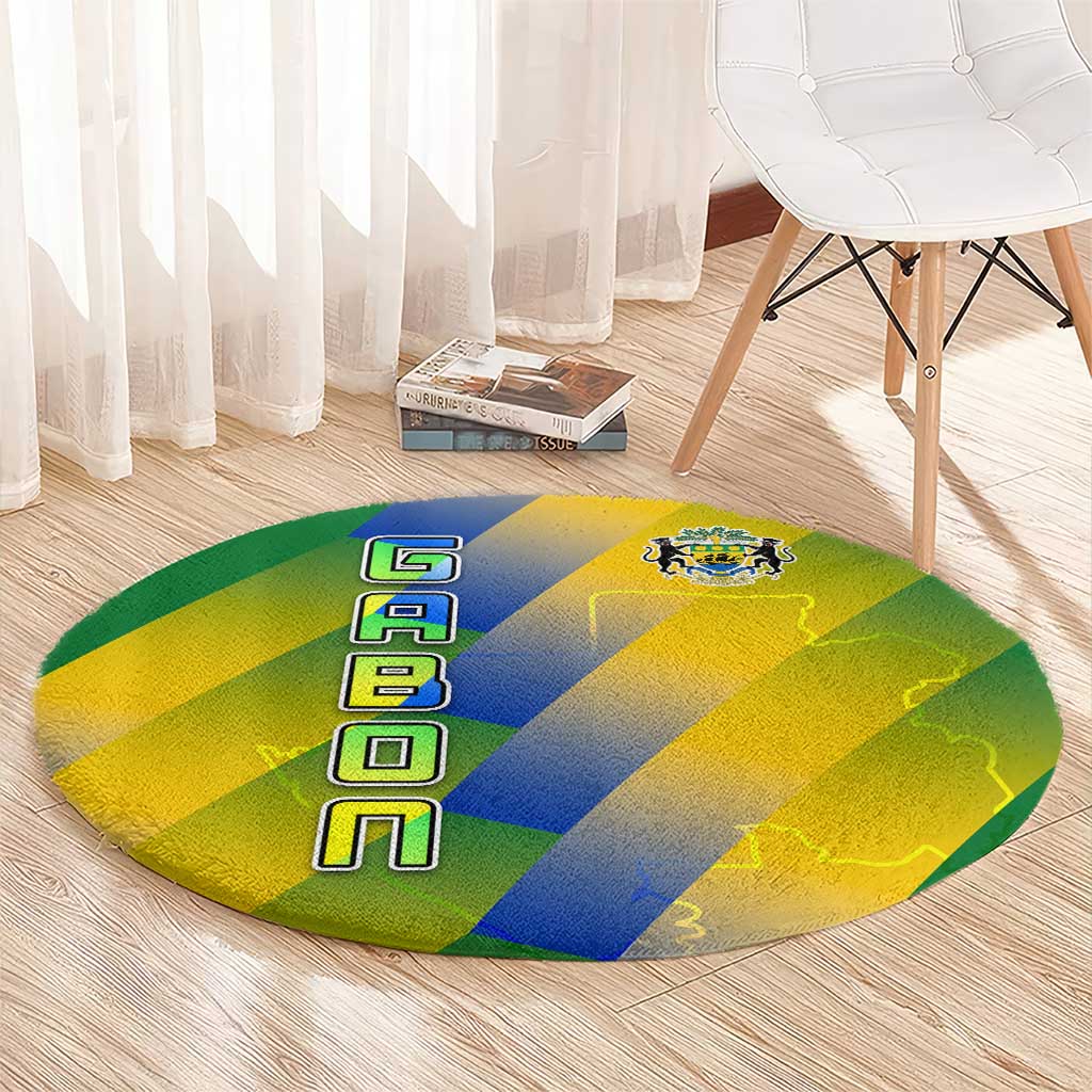 Gabon Flag Colors Round Carpet with National Coat of Arms and Vertical Text Design
