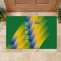 Gabon Flag Colors Rubber Doormat with National Coat of Arms and Vertical Text Design