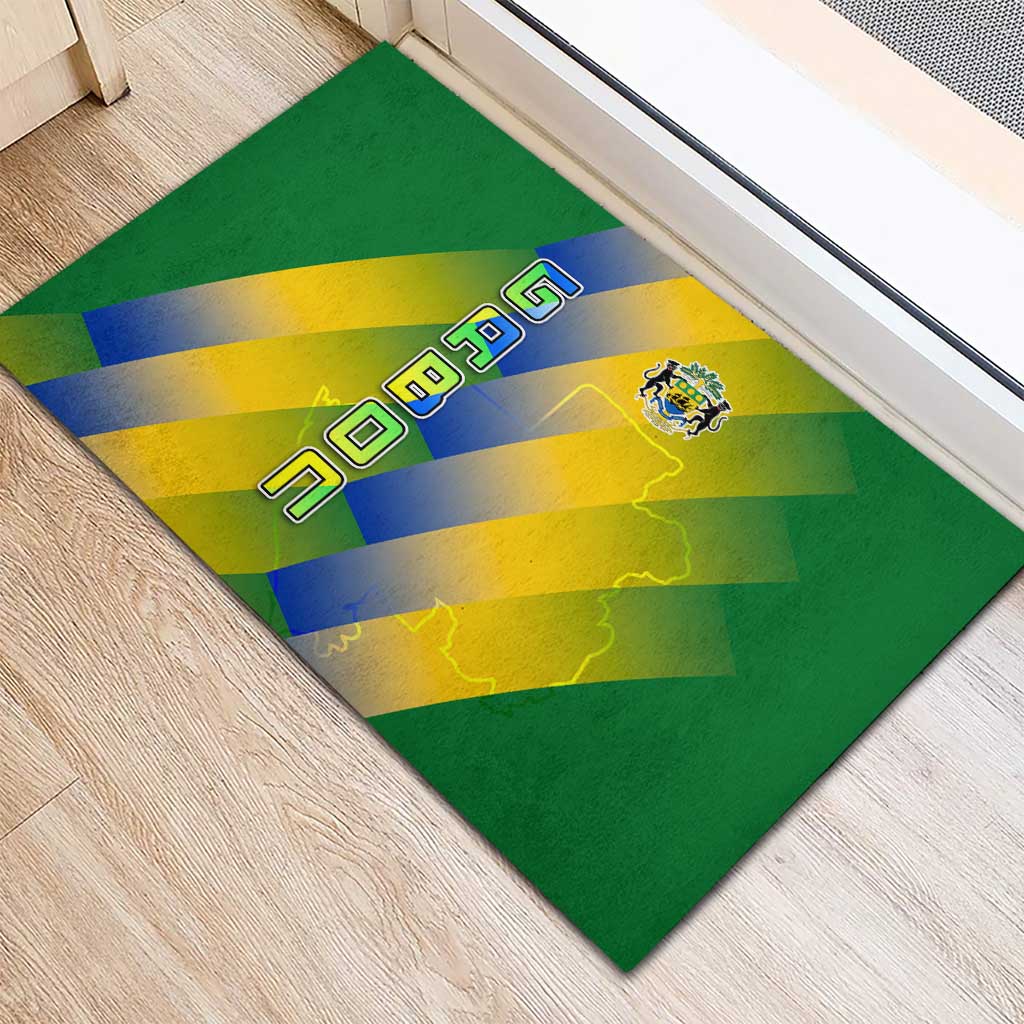 Gabon Flag Colors Rubber Doormat with National Coat of Arms and Vertical Text Design