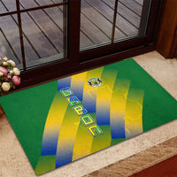 Gabon Flag Colors Rubber Doormat with National Coat of Arms and Vertical Text Design