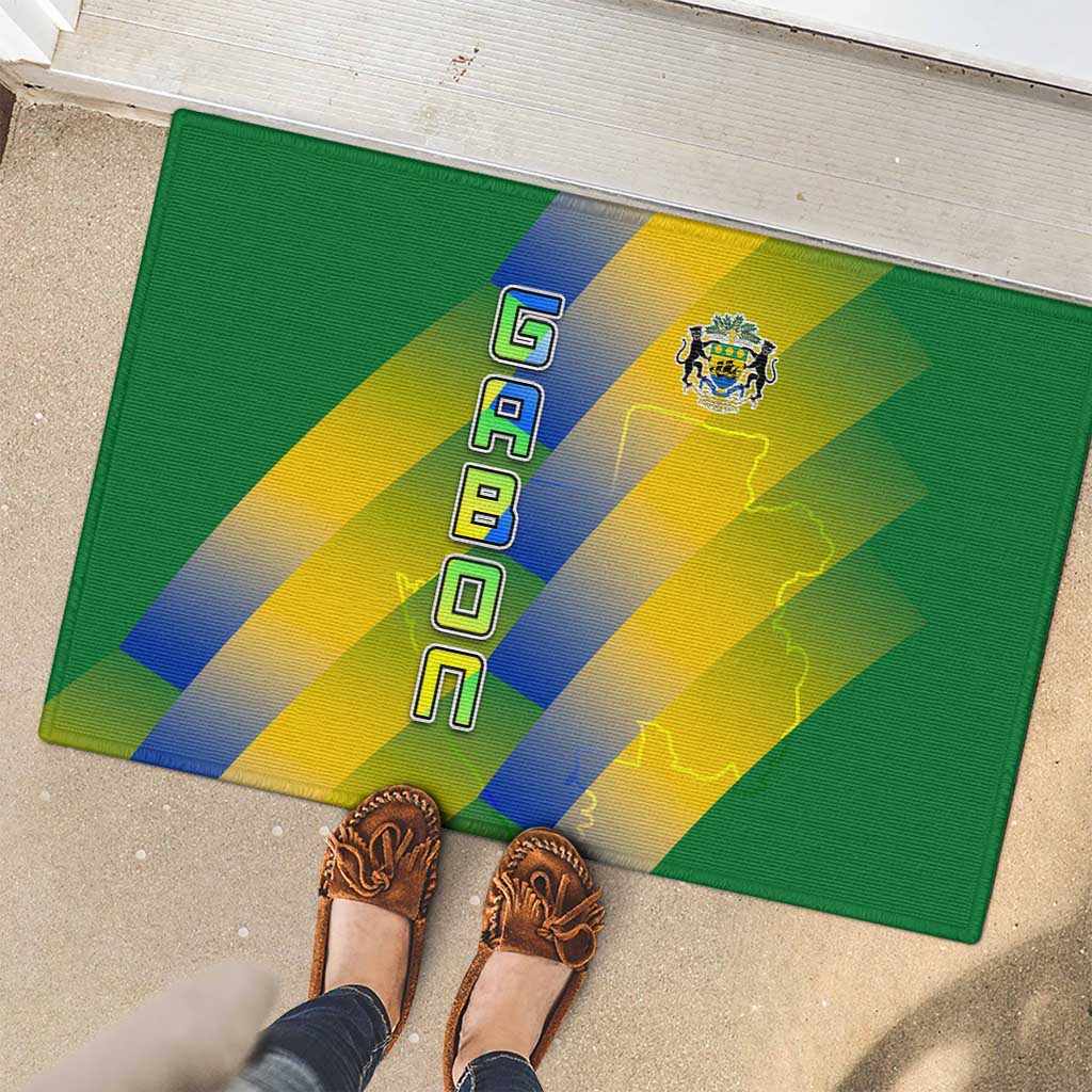 Gabon Flag Colors Rubber Doormat with National Coat of Arms and Vertical Text Design