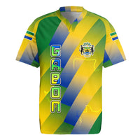 Gabon Flag Colors Rugby Jersey with National Coat of Arms and Vertical Text Design
