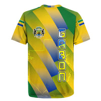 Gabon Flag Colors Rugby Jersey with National Coat of Arms and Vertical Text Design