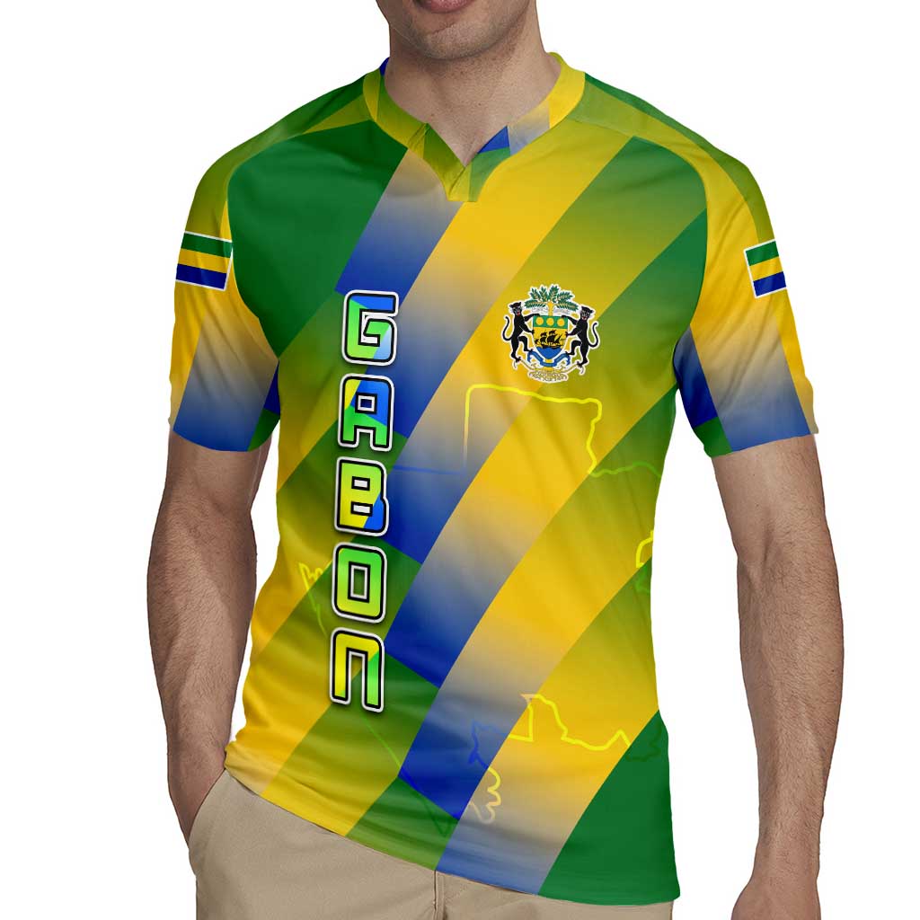Gabon Flag Colors Rugby Jersey with National Coat of Arms and Vertical Text Design