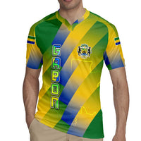 Gabon Flag Colors Rugby Jersey with National Coat of Arms and Vertical Text Design