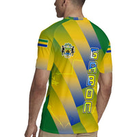 Gabon Flag Colors Rugby Jersey with National Coat of Arms and Vertical Text Design