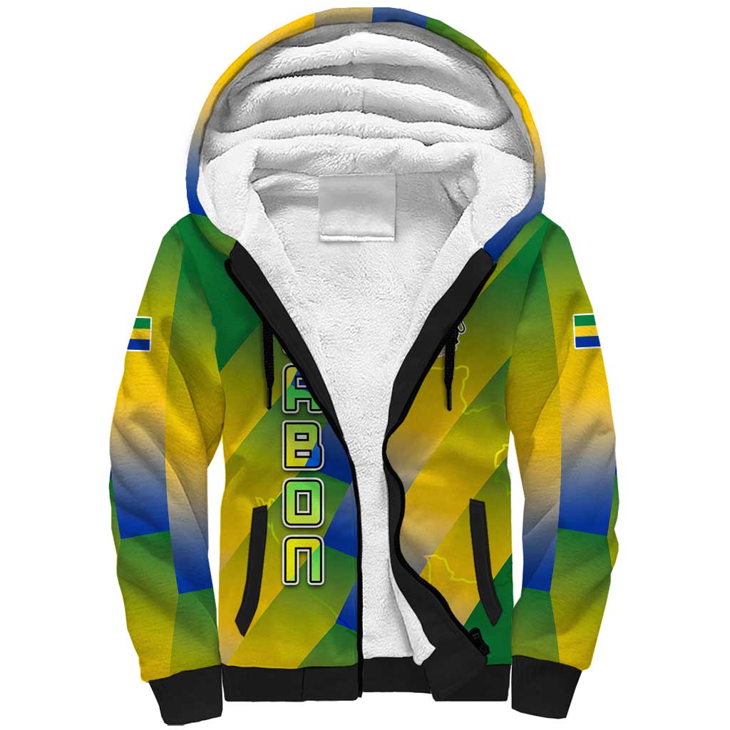 Gabon Flag Colors Sherpa Hoodie with National Coat of Arms and Vertical Text Design