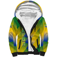 Gabon Flag Colors Sherpa Hoodie with National Coat of Arms and Vertical Text Design