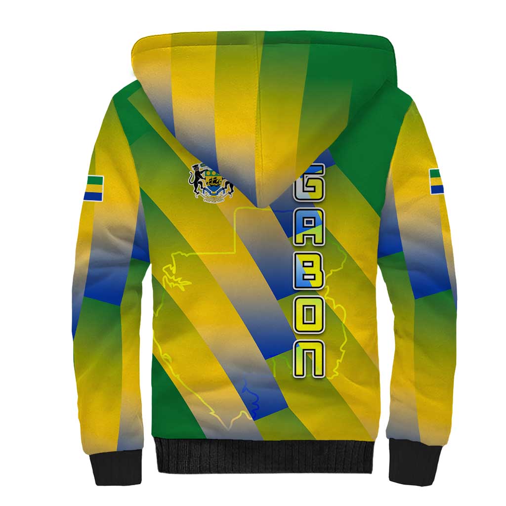 Gabon Flag Colors Sherpa Hoodie with National Coat of Arms and Vertical Text Design