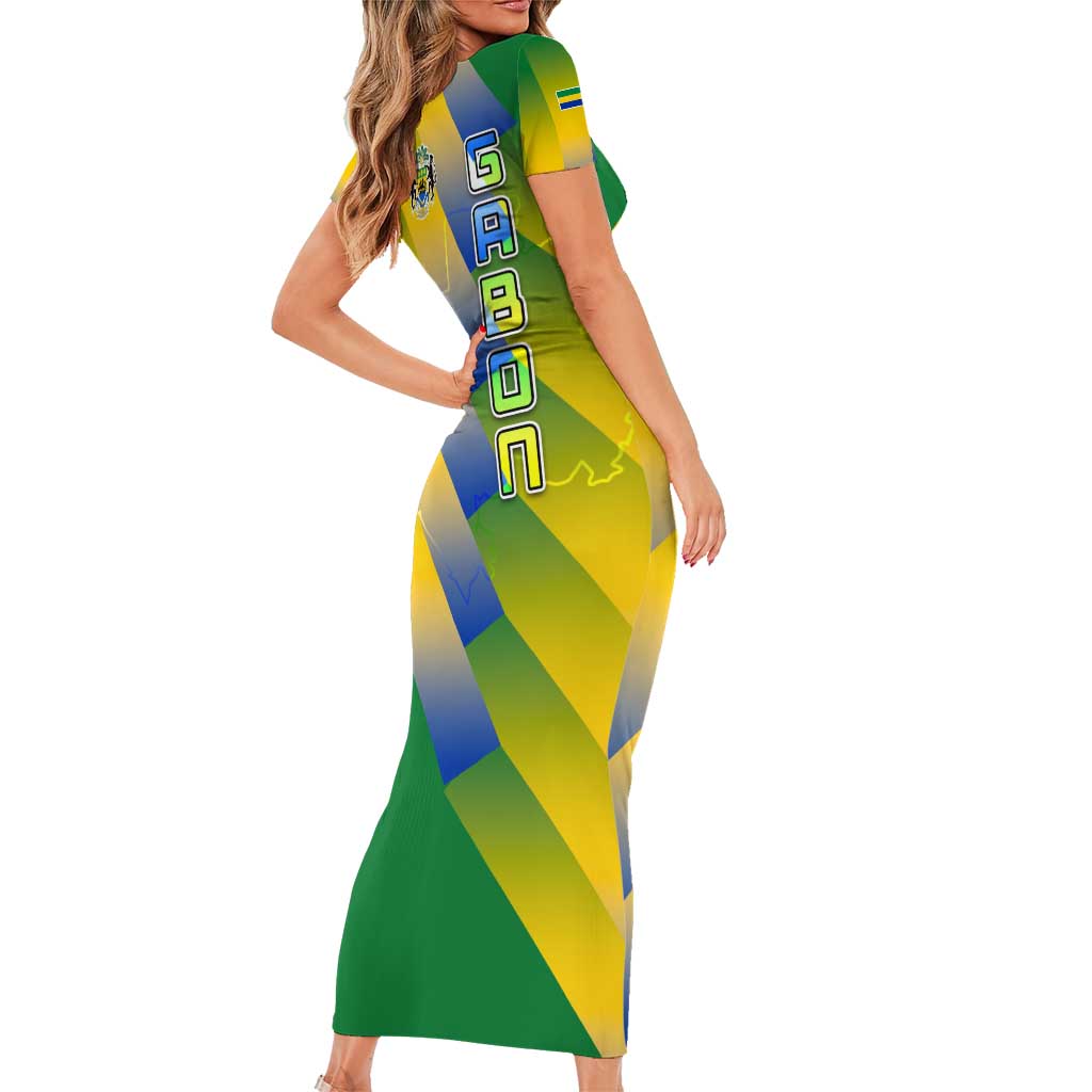 Gabon Flag Colors Short Sleeve Bodycon Dress with National Coat of Arms and Vertical Text Design