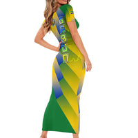 Gabon Flag Colors Short Sleeve Bodycon Dress with National Coat of Arms and Vertical Text Design