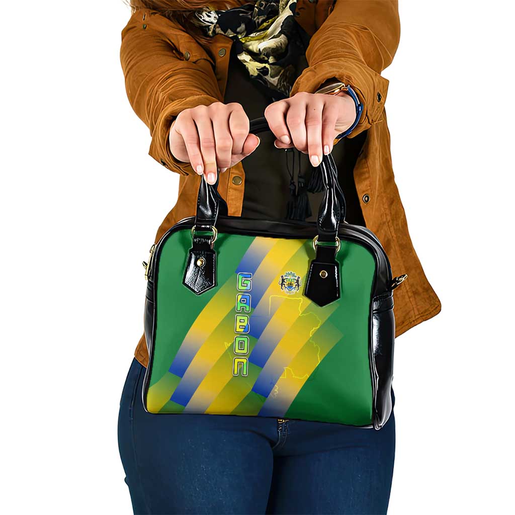Gabon Flag Colors Shoulder Handbag with National Coat of Arms and Vertical Text Design