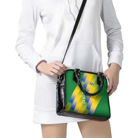 Gabon Flag Colors Shoulder Handbag with National Coat of Arms and Vertical Text Design
