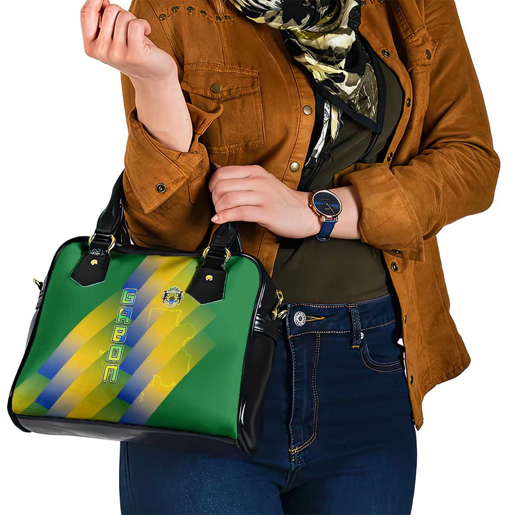 Gabon Flag Colors Shoulder Handbag with National Coat of Arms and Vertical Text Design