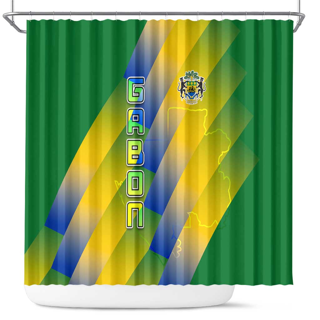 Gabon Flag Colors Shower Curtain with National Coat of Arms and Vertical Text Design