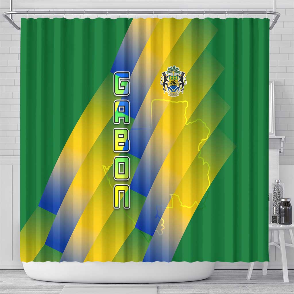 Gabon Flag Colors Shower Curtain with National Coat of Arms and Vertical Text Design