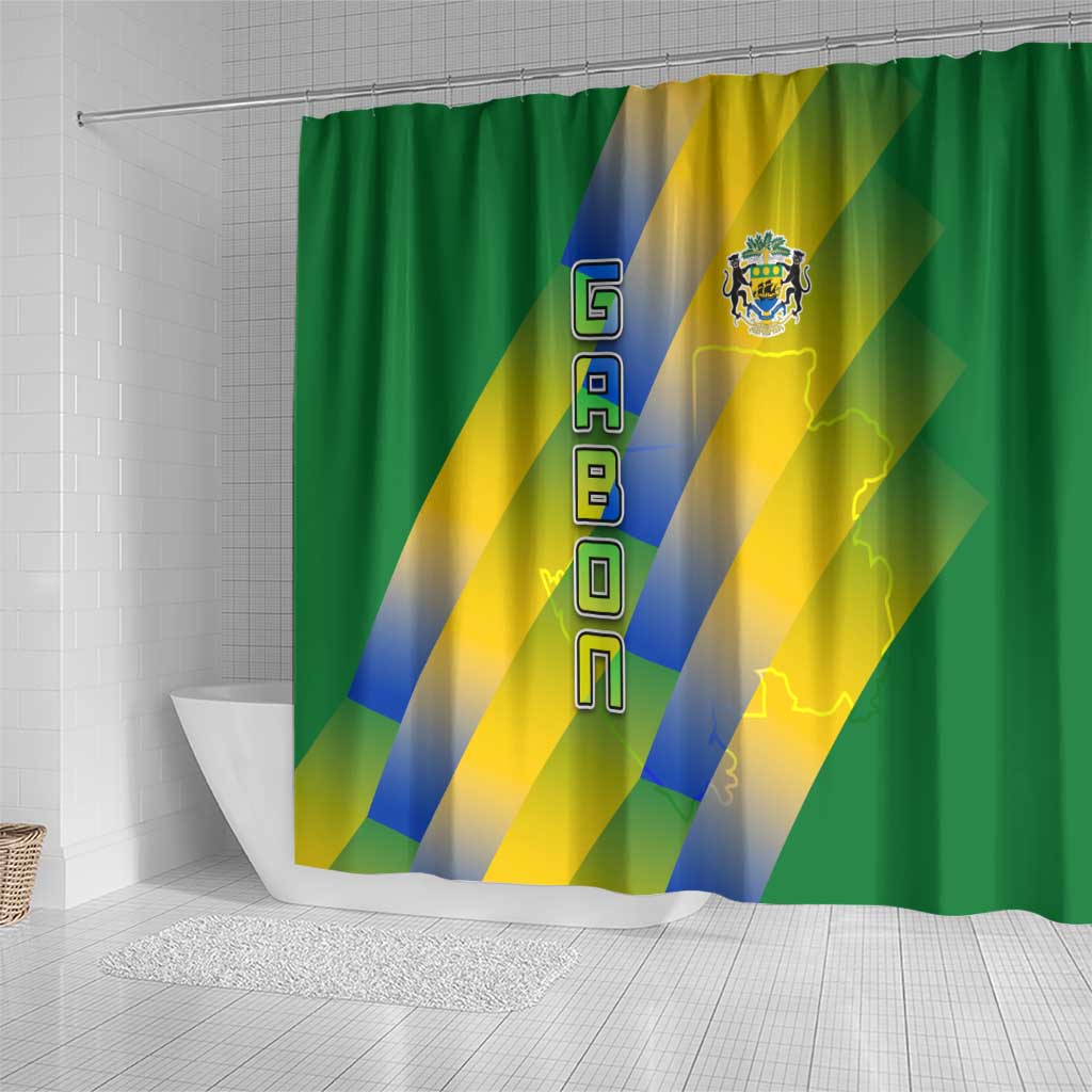 Gabon Flag Colors Shower Curtain with National Coat of Arms and Vertical Text Design