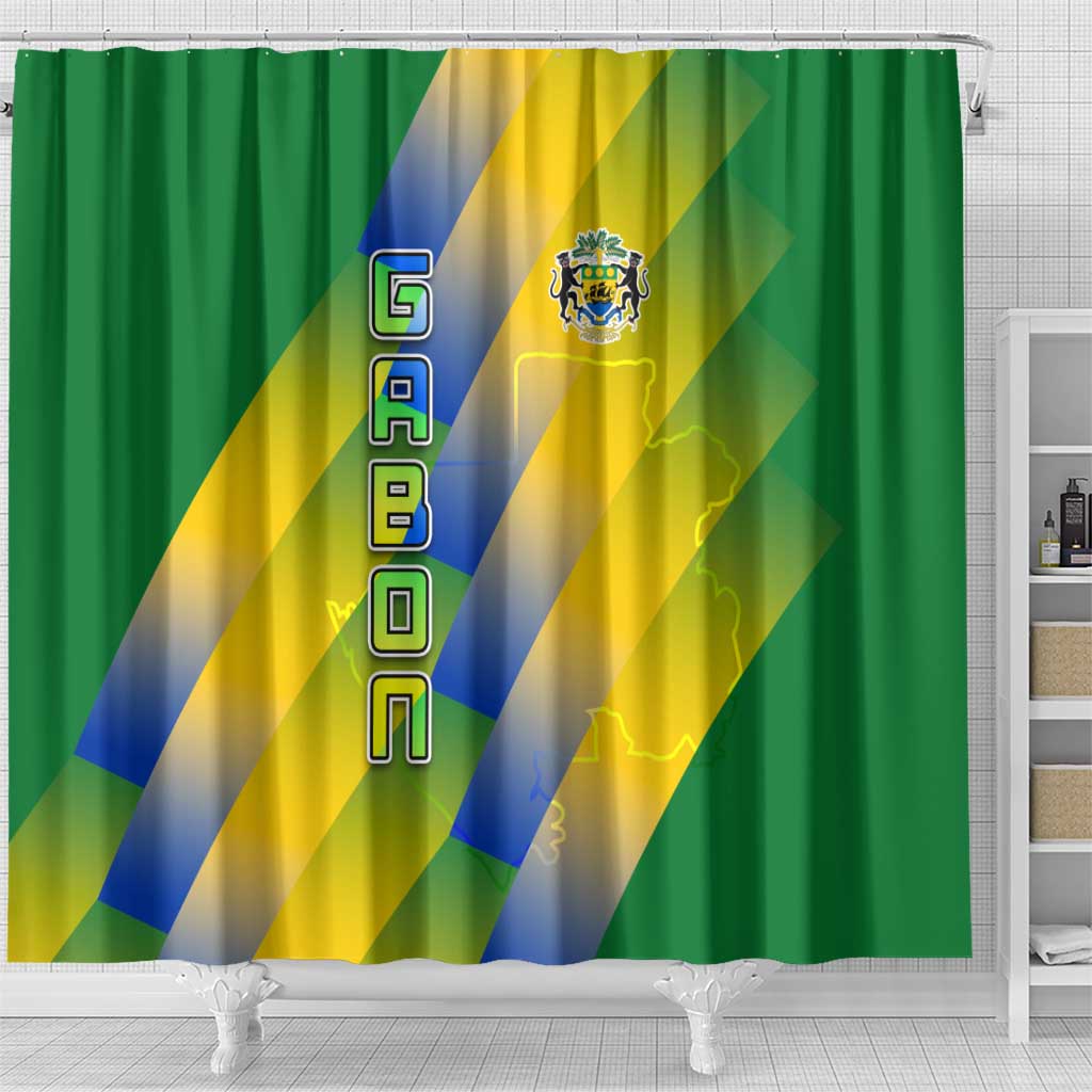 Gabon Flag Colors Shower Curtain with National Coat of Arms and Vertical Text Design