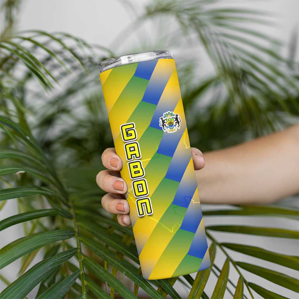 Gabon Flag Colors Skinny Tumbler with National Coat of Arms and Vertical Text Design