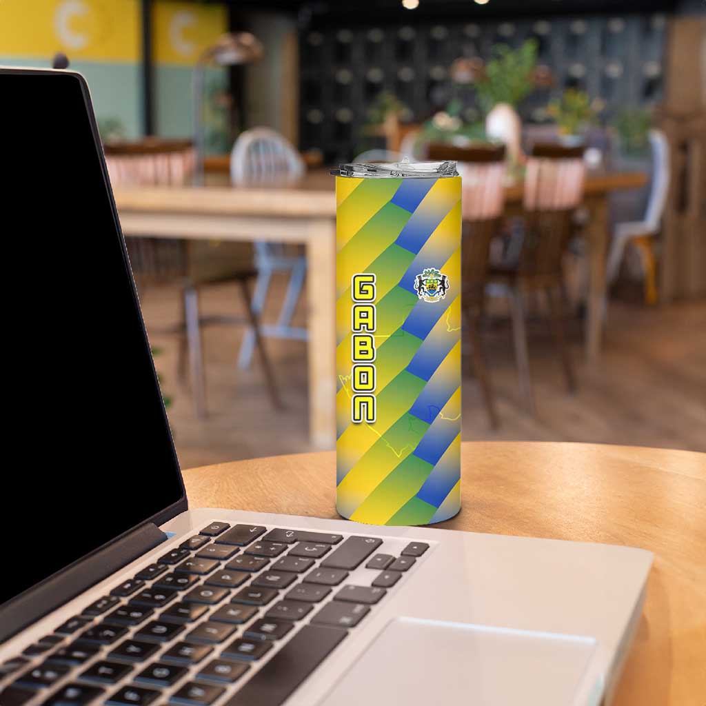 Gabon Flag Colors Skinny Tumbler with National Coat of Arms and Vertical Text Design