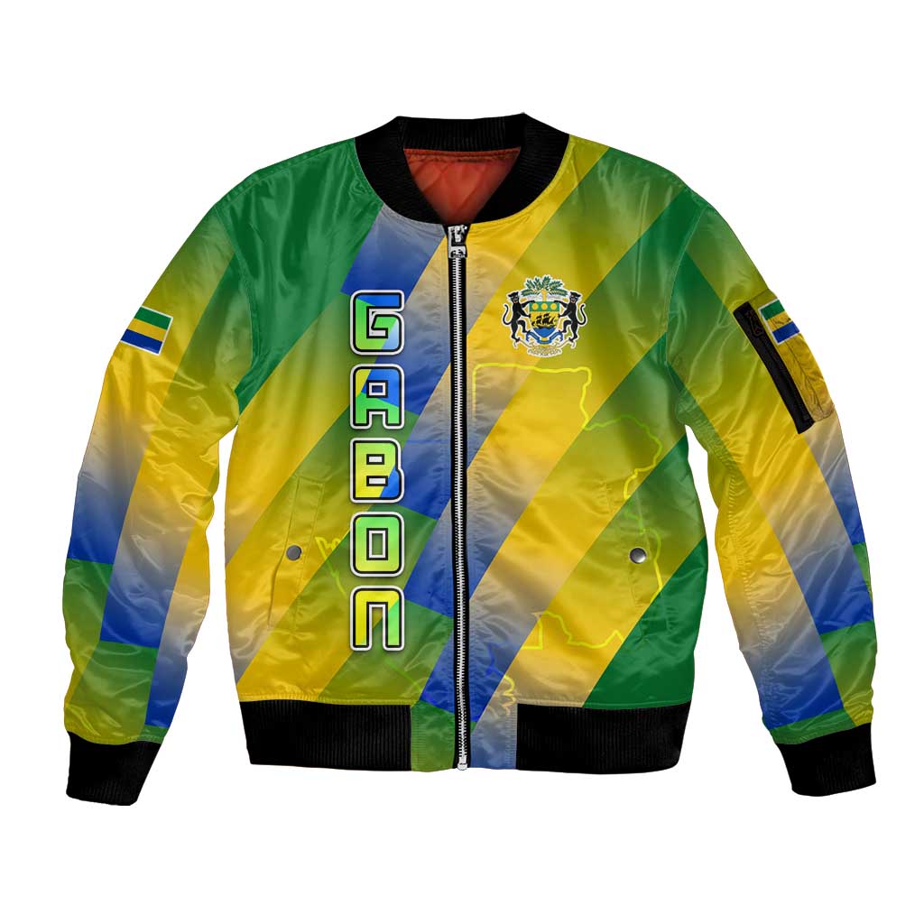 Gabon Flag Colors Sleeve Zip Bomber Jacket with National Coat of Arms and Vertical Text Design