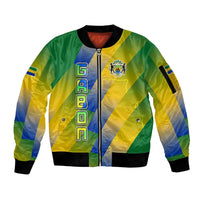 Gabon Flag Colors Sleeve Zip Bomber Jacket with National Coat of Arms and Vertical Text Design