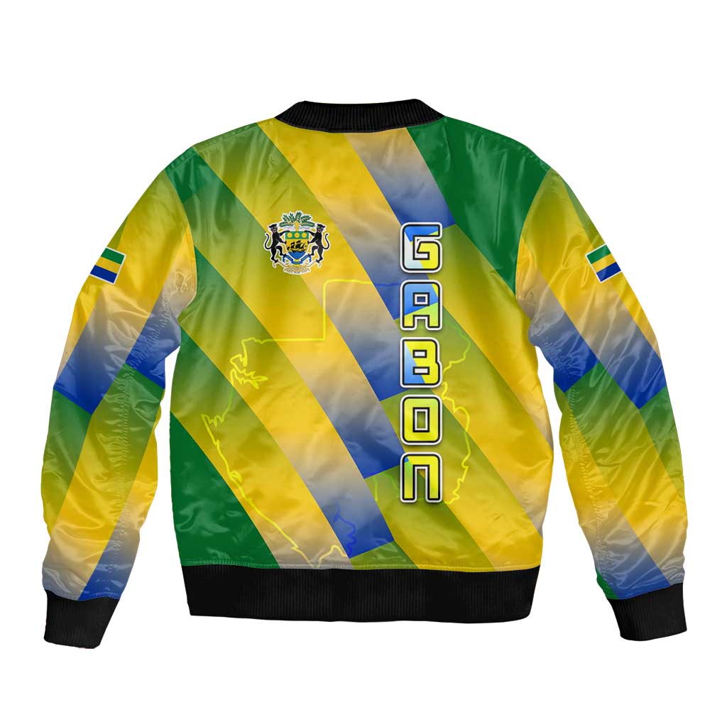 Gabon Flag Colors Sleeve Zip Bomber Jacket with National Coat of Arms and Vertical Text Design