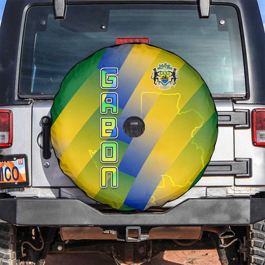 Gabon Flag Colors Spare Tire Cover with National Coat of Arms and Vertical Text Design
